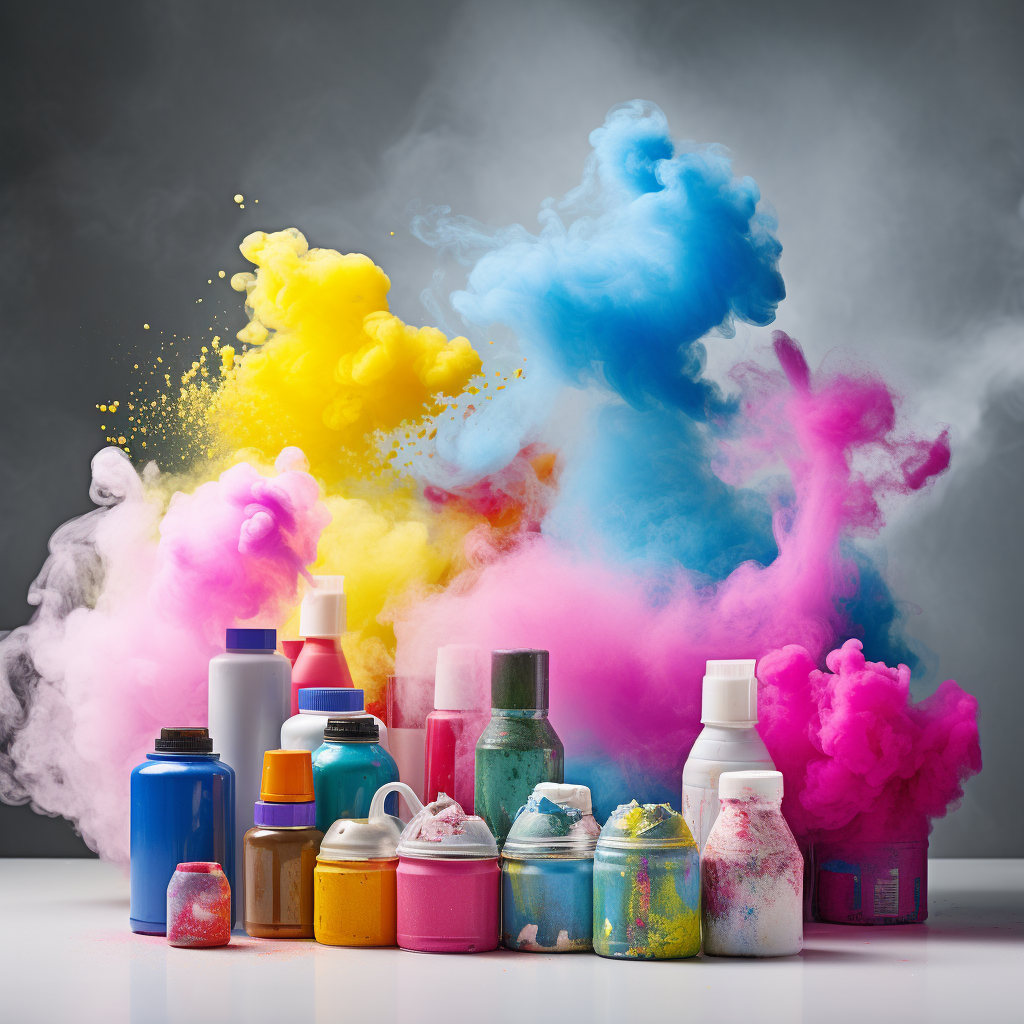 Colorful paint can's producing a plume of colorful smoke to symbolize the unseen potential of Volatile Organic Compounds.